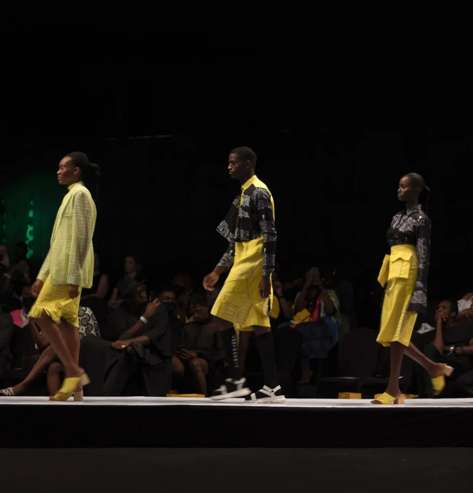 Models walk the runway for Emmy Kasbit, during Lagos Fashion Week 2021 on October 30, 2021.
