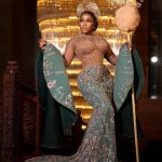 Nigerian fashion designer Veekee James in a bell sleeve lace dress