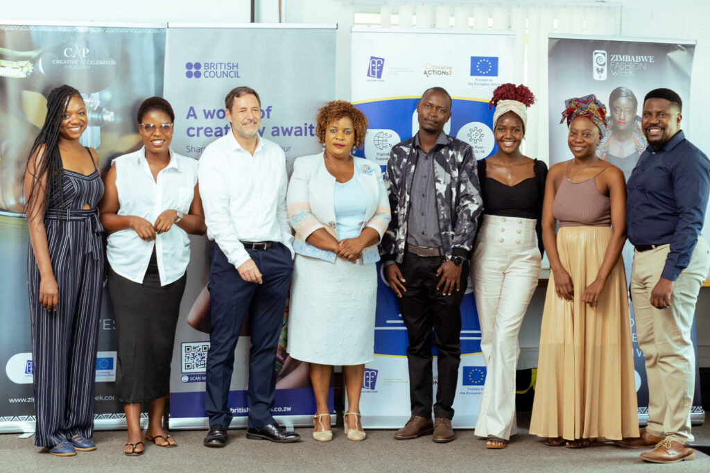 Second from left, Roland Davies, Country Director - British Council of Zimbabwe, Zambia, and Southern Africa Lead and the final cohort members. Photo Credit: Zimbabwe Fashion Week