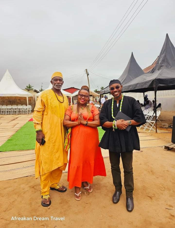 Embracing the rich heritage of Ghana with Safohen Nana Kwame Nitoto 1 (left) & Safohen Nana Fiifi Aggrey 1 (Right). Honoured to share this moment of cultural exchange and unity. #TravelWithKea #GhanaAdventures #CulturalHeritage”. Photo Credit: Rejoice Facebook