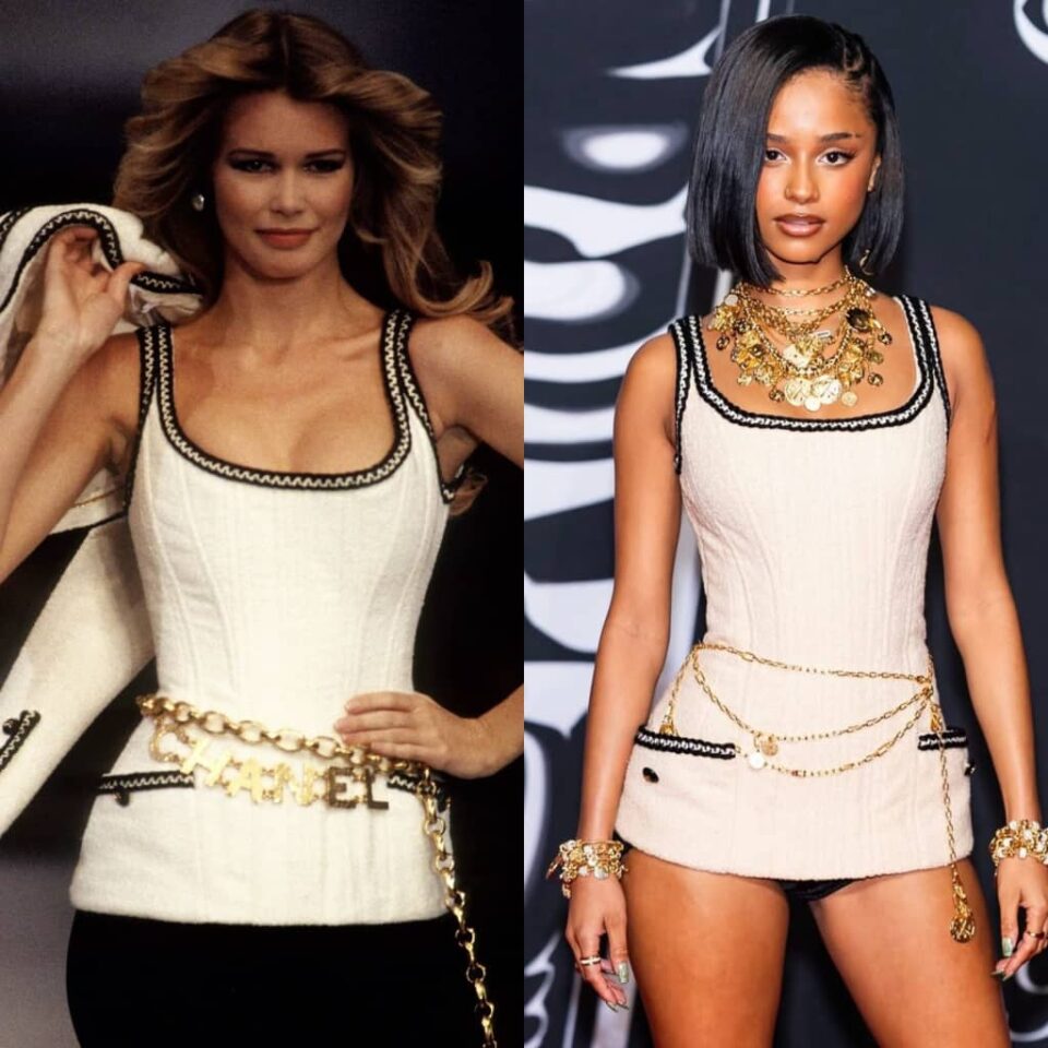 Tyla and Claudia Schiffer in Chanel's Spring/Summer 1993 corset top. Photo Credit: Claudia Schiffer/Styleafrique