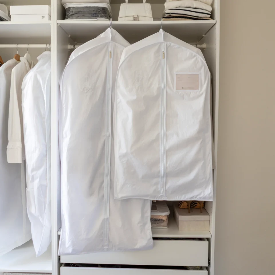 White cotton garment storage bags. Photo Credit: Total Wardrobe Care