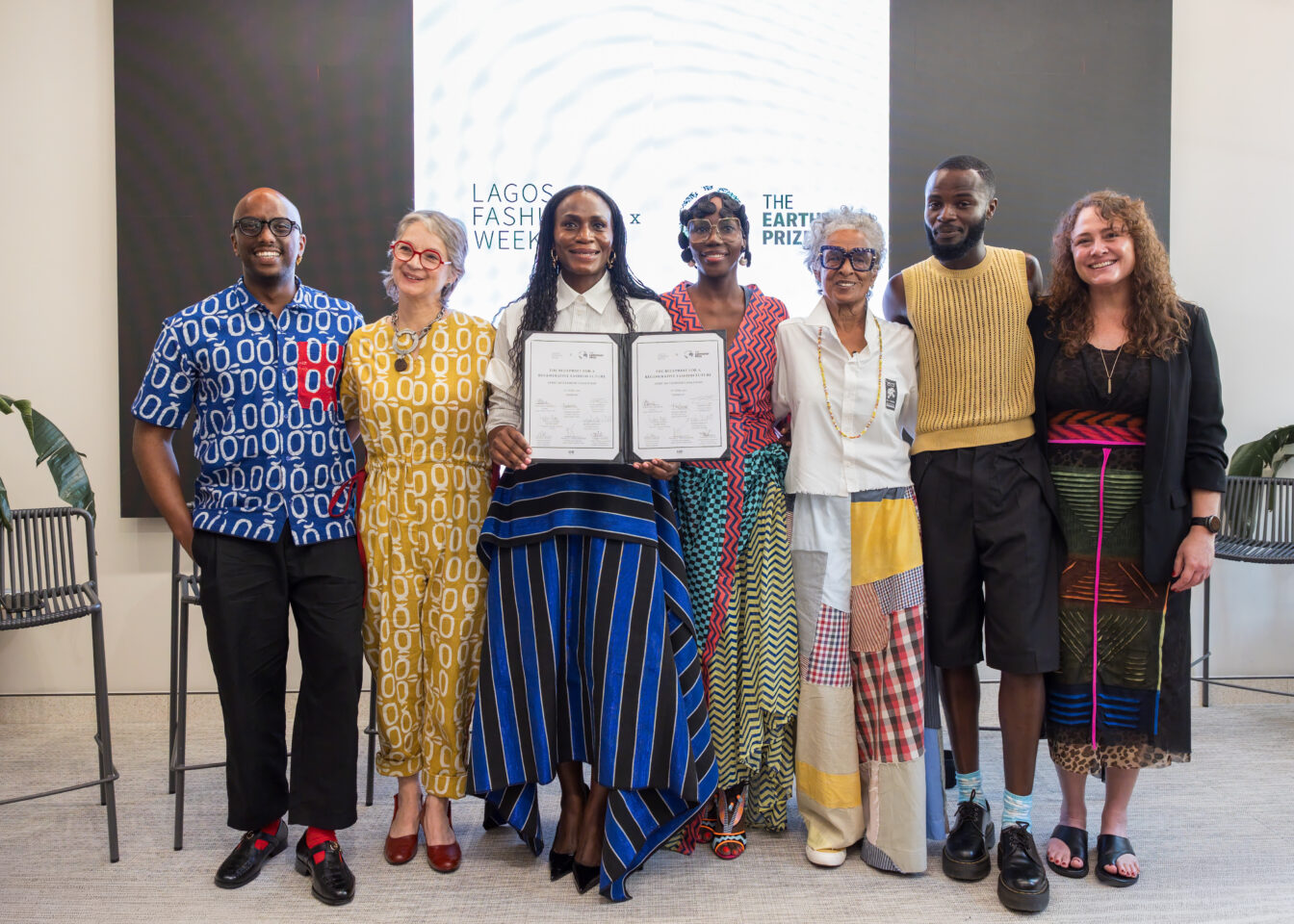 (L-R) Sunny Dolat, NEST Collective; Jackie May, Twyg; Omoyemi Akerele, Lagos Fashion Week; Adama Ndiaye, Dakar Fashion Week; Renee Neblett, Kokrobitey Institute; Sammy Oteng, The Or Foundation; and Simone Smit, The Earthshot Prize, at the African Fashion Compact II in London on June 22, 2026. The African Fashion Coalition leaders gathered during London Climate Action Week to launch ‘The Blueprint for a Regenerative Fashion Future’ manifesto. Photo Credit: Lagos Fashion Week