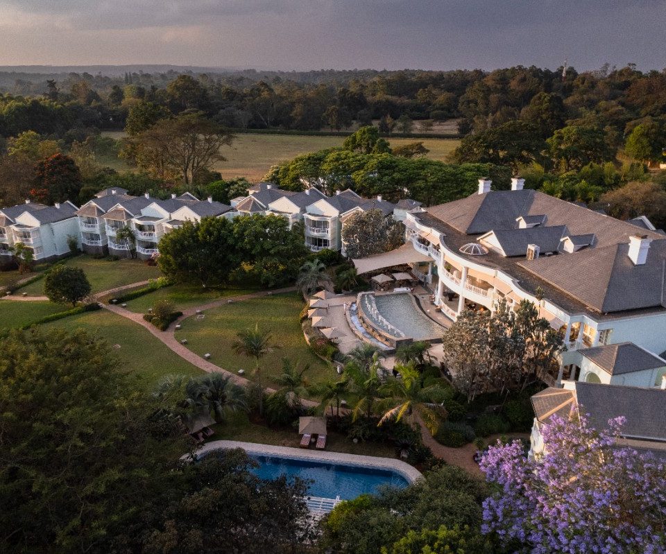 An aerial view of Hemingways Nairobi, set against the leafy landscape of the capital as Kenya's sole member property of The Leading Hotels of the World. Photo Credit: Hemingways Nairobi